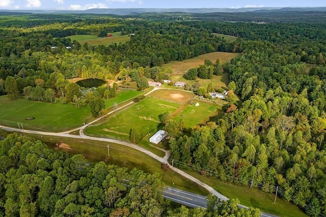 bird's eye view with a wooded view