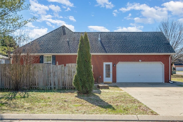 ranch-style home featuring a garage, brick siding, driveway, and roof with shingles