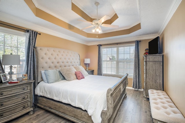 bedroom featuring a raised ceiling, multiple windows, and dark wood-style flooring