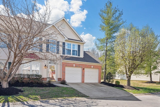 view of front facade with a garage, roof with shingles, concrete driveway, and brick siding