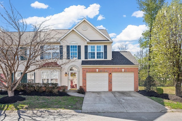 view of front of property featuring driveway, brick siding, and roof with shingles