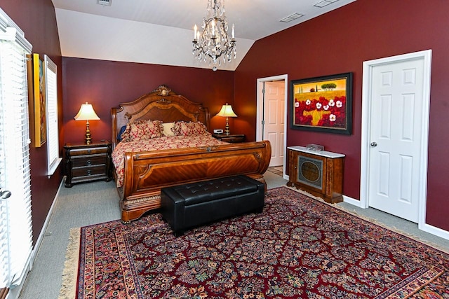 carpeted bedroom featuring lofted ceiling, baseboards, visible vents, and a chandelier