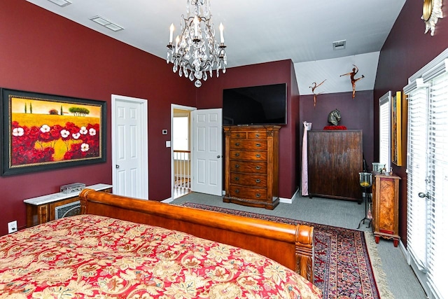 carpeted bedroom with visible vents and a chandelier