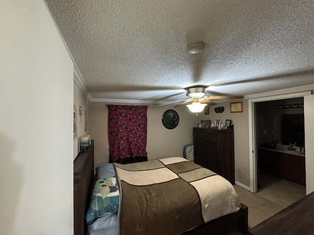 bedroom with ornamental molding, a ceiling fan, a textured ceiling, carpet, and baseboards