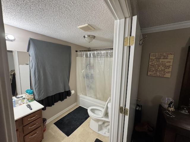 full bath featuring vanity, toilet, visible vents, and a textured ceiling