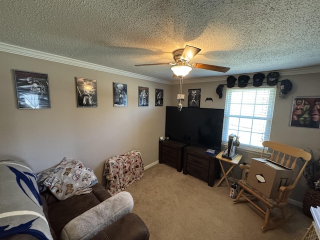 living room featuring light carpet, a textured ceiling, ceiling fan, and crown molding