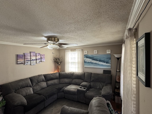 living room with a textured ceiling, crown molding, and ceiling fan