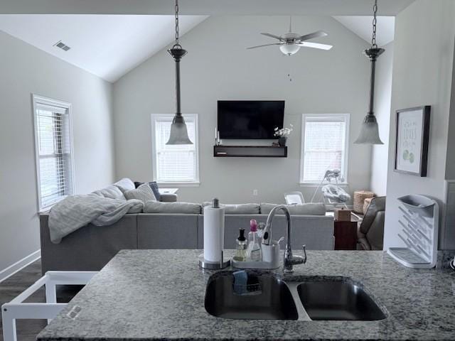 kitchen with pendant lighting and open floor plan