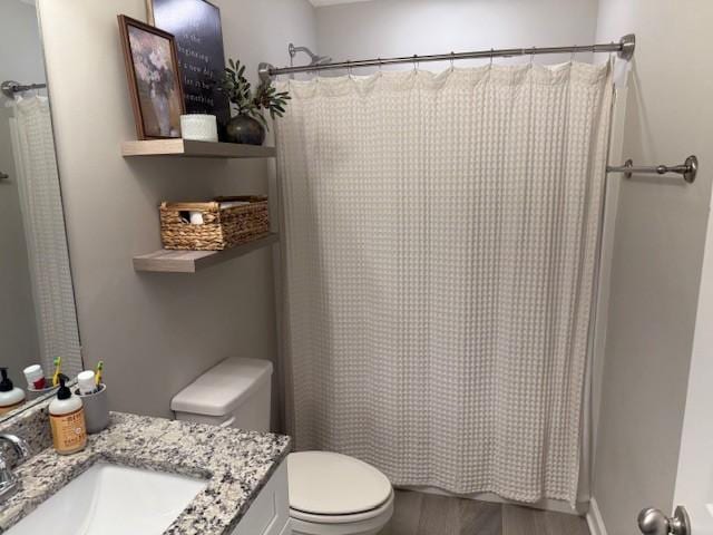 full bathroom featuring toilet, a shower with curtain, wood finished floors, and vanity