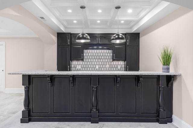 bar featuring pendant lighting, recessed lighting, visible vents, backsplash, and coffered ceiling