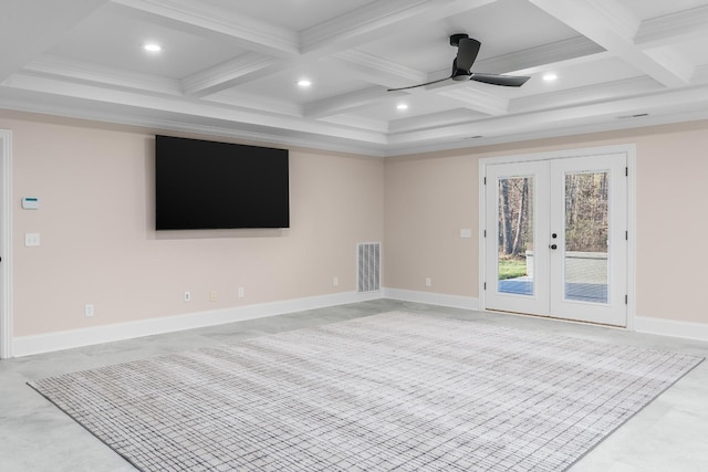 unfurnished living room featuring coffered ceiling, recessed lighting, french doors, and visible vents