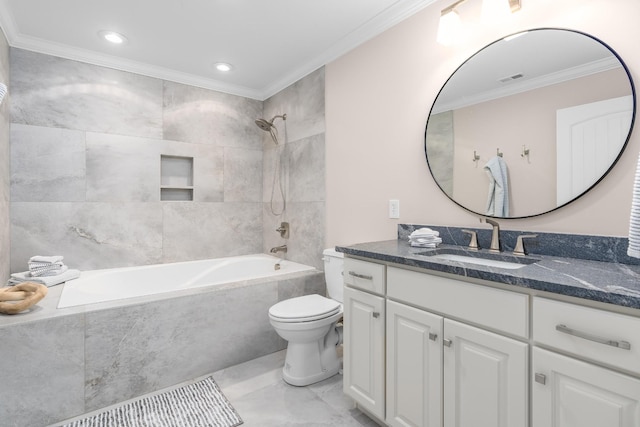 full bath with ornamental molding, toilet, tiled shower / bath, and vanity