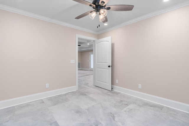 unfurnished room featuring baseboards, ceiling fan, recessed lighting, and crown molding