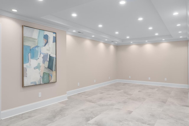 below grade area with baseboards, recessed lighting, and crown molding