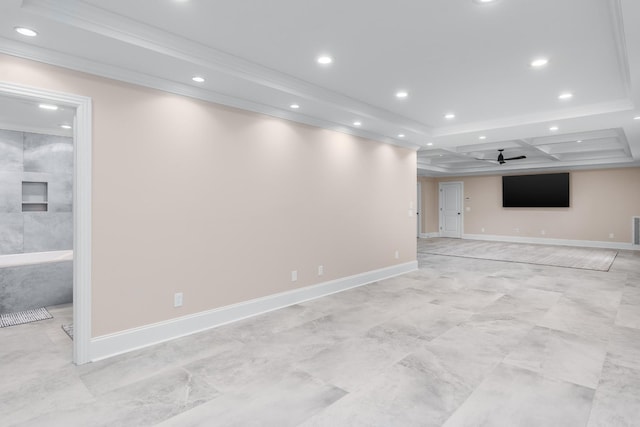 basement featuring a ceiling fan, recessed lighting, and ornamental molding