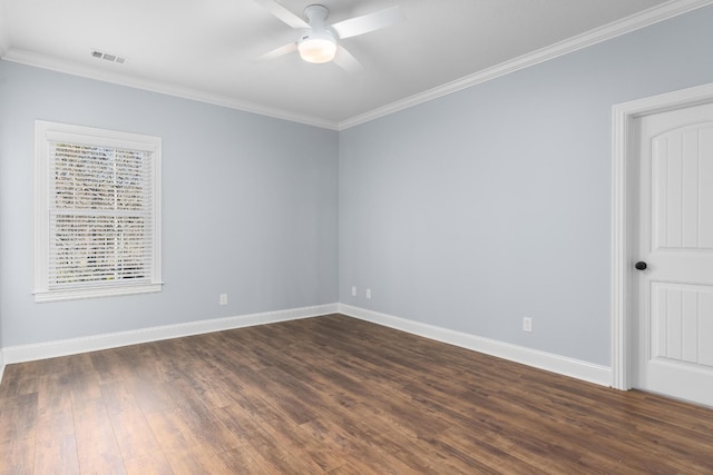 spare room featuring baseboards, dark wood finished floors, visible vents, and a ceiling fan