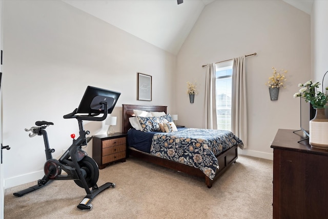 bedroom featuring light carpet, high vaulted ceiling, and baseboards