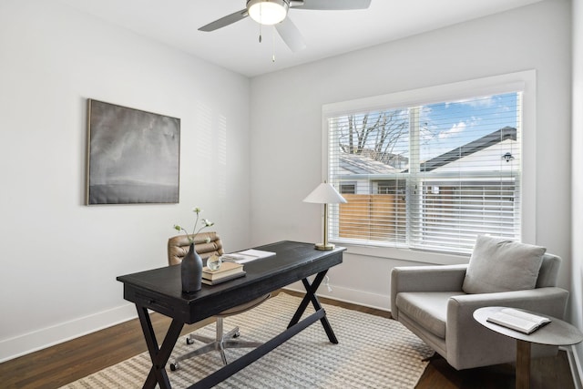 home office featuring ceiling fan, baseboards, and wood finished floors