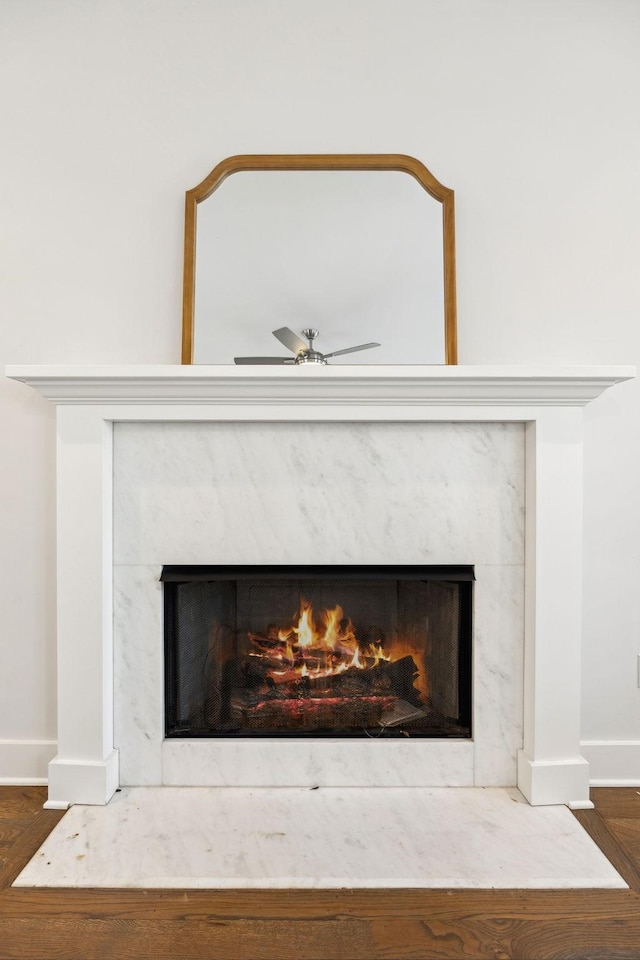 details featuring a high end fireplace, ceiling fan, baseboards, and wood finished floors