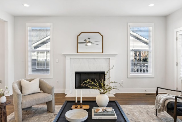 living area with baseboards, wood finished floors, a high end fireplace, and a healthy amount of sunlight