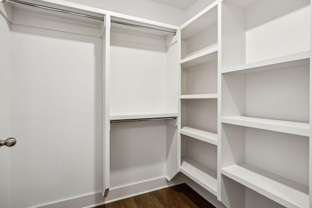 spacious closet with dark wood-style flooring