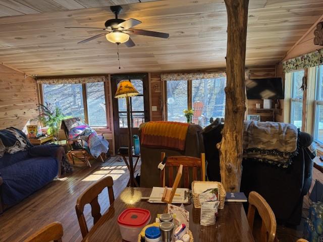 dining space with lofted ceiling, wood finished floors, wood ceiling, and a healthy amount of sunlight