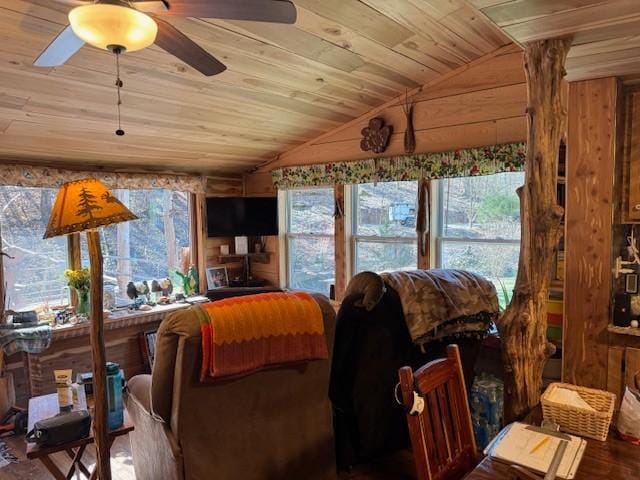 living room with lofted ceiling, ceiling fan, wood finished floors, and wood ceiling