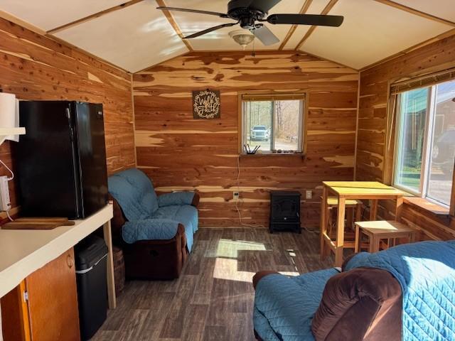 interior space with lofted ceiling, wood walls, and dark wood-style floors