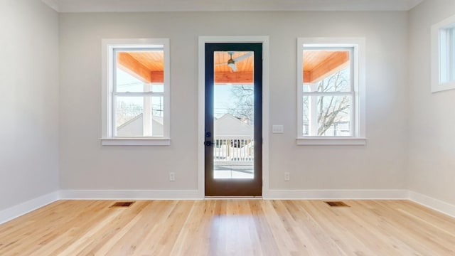 entryway with light wood-type flooring, visible vents, and baseboards