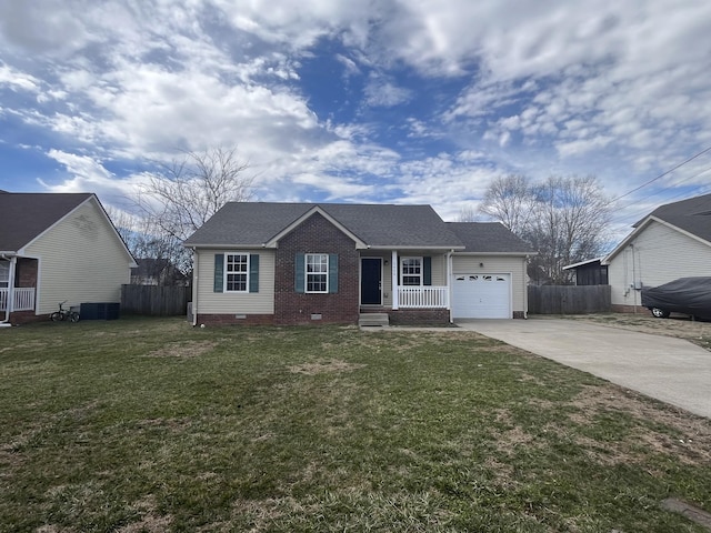 view of front of house featuring a porch, an attached garage, driveway, crawl space, and a front lawn