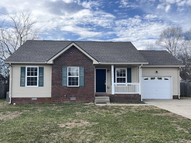 ranch-style house featuring a front lawn, crawl space, an attached garage, and a shingled roof