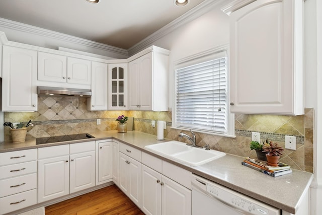 kitchen featuring dishwasher, black electric stovetop, ventilation hood, white cabinetry, and a sink