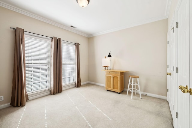 interior space featuring light carpet, visible vents, baseboards, and crown molding