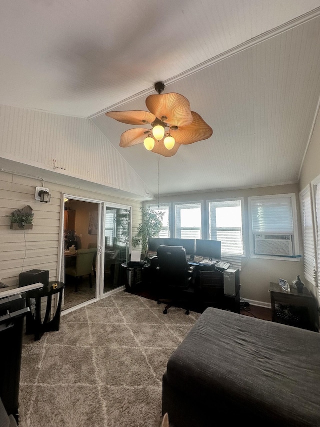 bedroom with lofted ceiling, carpet flooring, cooling unit, and a ceiling fan