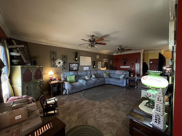 living area with ornamental molding and a ceiling fan