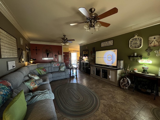 living area with ornamental molding