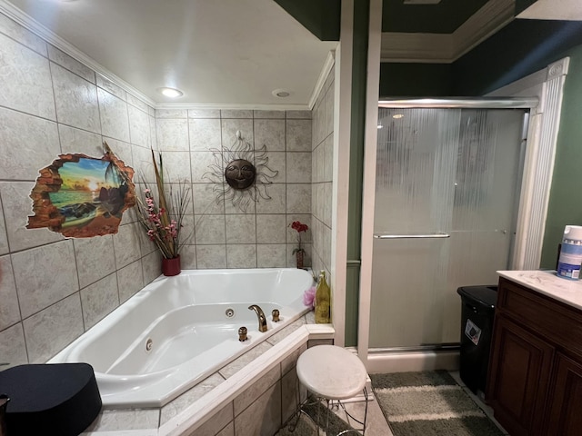 bathroom featuring a jetted tub, a stall shower, tile walls, and crown molding