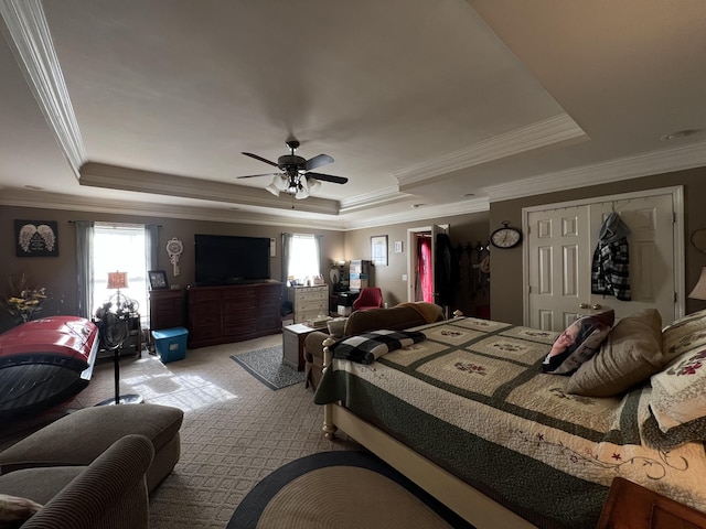 bedroom featuring a ceiling fan, a tray ceiling, multiple windows, and carpet flooring