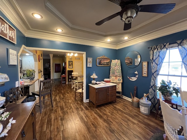 office area featuring baseboards, a ceiling fan, ornamental molding, dark wood-type flooring, and recessed lighting