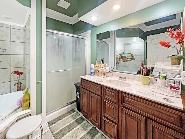 325 Davis Mill Rd, Elkton, KY 42220 - bathroom featuring a stall shower, crown molding, a bath, and vanity