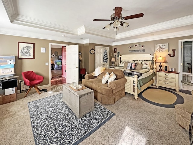 325 Davis Mill Rd, Elkton, KY 42220 - bedroom featuring a raised ceiling, crown molding, carpet floors, and ceiling fan