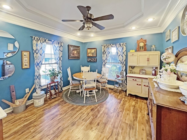 325 Davis Mill Rd, Elkton, KY 42220 - dining area with light wood-style flooring, ornamental molding, ceiling fan, a tray ceiling, and recessed lighting