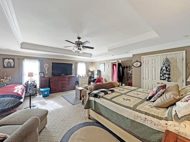 325 Davis Mill Rd, Elkton, KY 42220 - carpeted bedroom with a raised ceiling, multiple windows, crown molding, and a ceiling fan