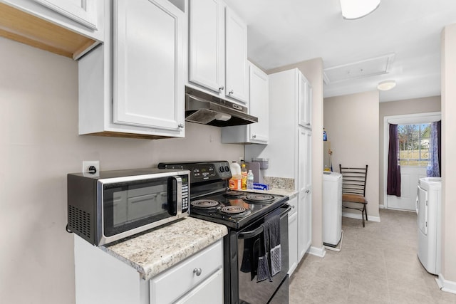 kitchen with black / electric stove, stainless steel microwave, white cabinetry, and under cabinet range hood