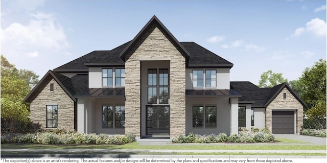 view of front facade with a standing seam roof, stone siding, and metal roof