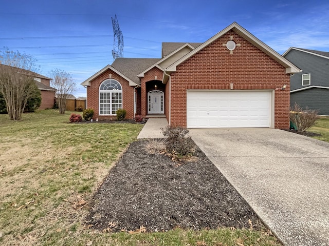 single story home featuring an attached garage, brick siding, concrete driveway, and a front yard