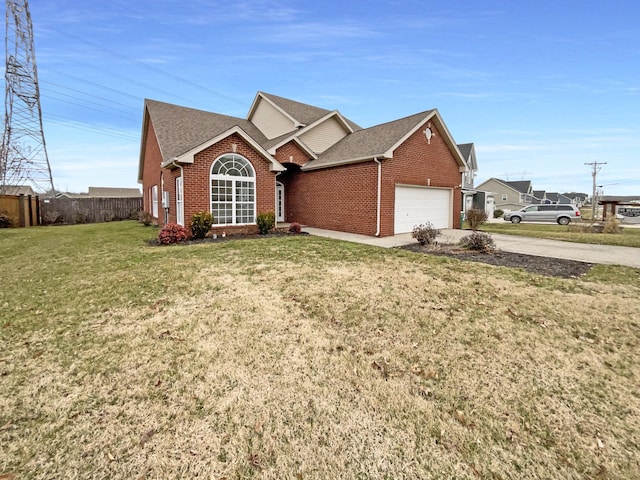 ranch-style house featuring driveway, an attached garage, fence, a front lawn, and brick siding