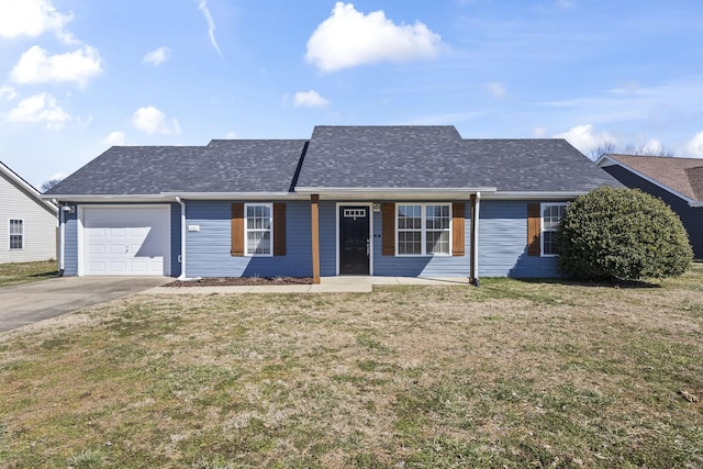 single story home with a garage, a front yard, concrete driveway, and roof with shingles