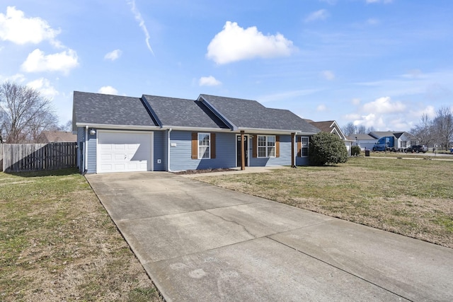 ranch-style house featuring a garage, concrete driveway, a front lawn, and fence