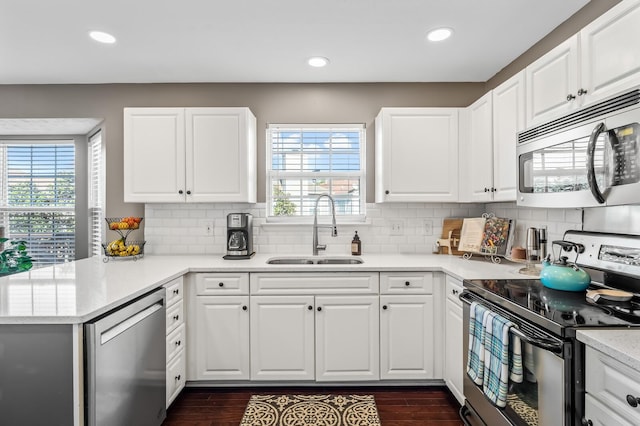 kitchen with appliances with stainless steel finishes, dark wood-style flooring, plenty of natural light, and a sink